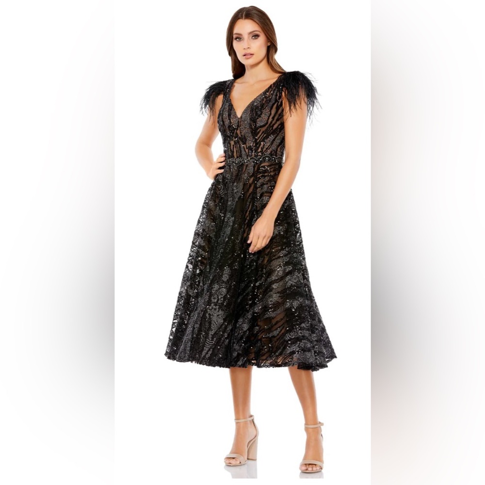 EMBELLISHED FEATHER CAP SLEEVE DRESS Size 6 Color Black